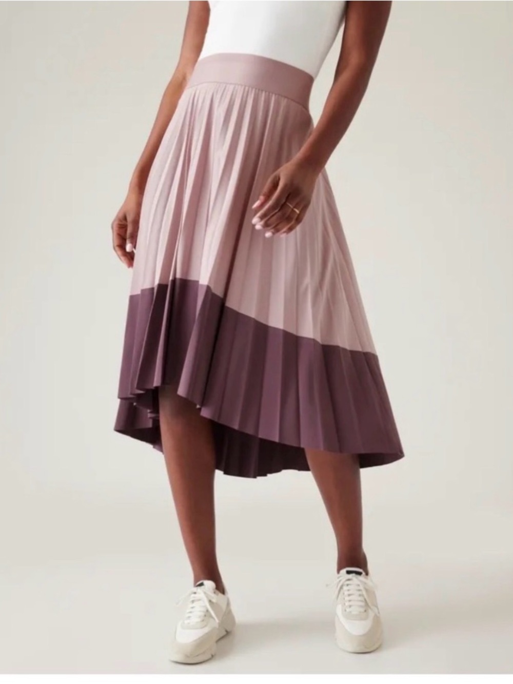 Athleta NWT Swing Forward Pleated Skirt Large Pink Mauve Colorblock Midi